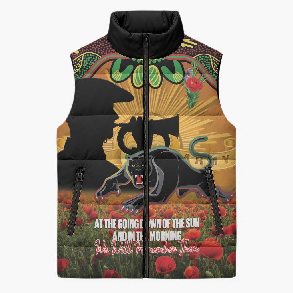 Personalised Panthers Rugby ANZAC Day Sleeveless Puffer Jacket Last Post Poppy We Will Remember Them