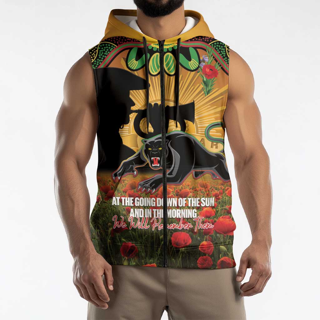 Personalised Panthers Rugby ANZAC Day Sleeveless Zip Hoodie Last Post Poppy We Will Remember Them