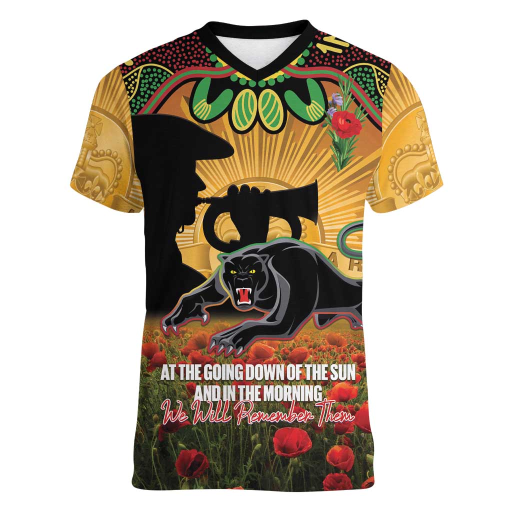 Personalised Panthers Rugby ANZAC Day Women V-Neck T-Shirt Last Post Poppy We Will Remember Them