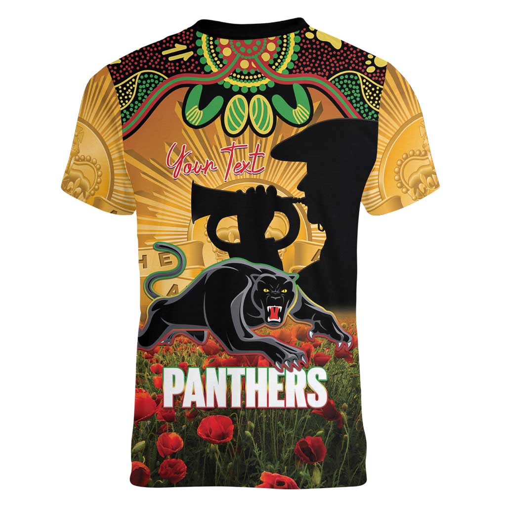 Personalised Panthers Rugby ANZAC Day Women V-Neck T-Shirt Last Post Poppy We Will Remember Them