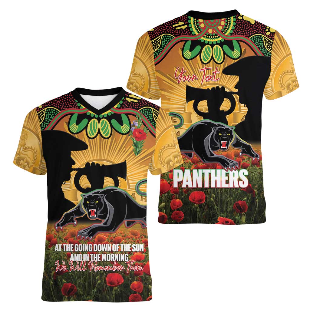 Personalised Panthers Rugby ANZAC Day Women V-Neck T-Shirt Last Post Poppy We Will Remember Them