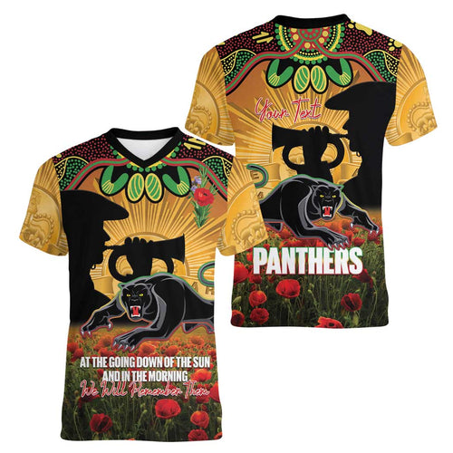Personalised Panthers Rugby ANZAC Day Women V-Neck T-Shirt Last Post Poppy We Will Remember Them