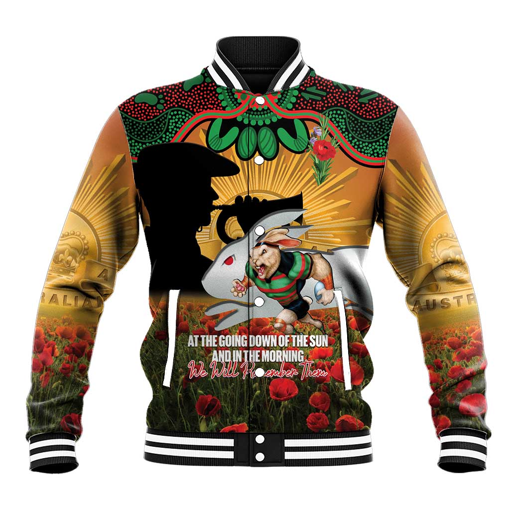 Personalised Rabbitohs Rugby ANZAC Day Baseball Jacket Last Post Poppy We Will Remember Them