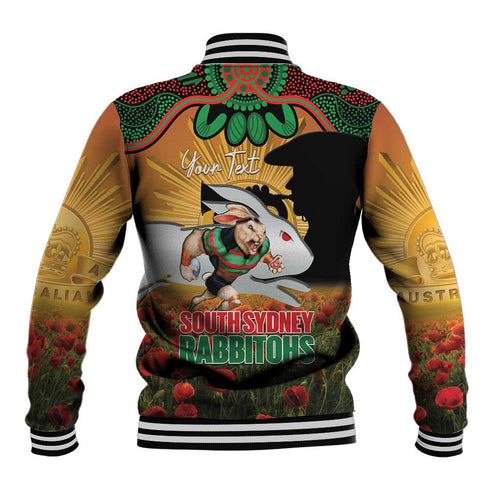 Personalised Rabbitohs Rugby ANZAC Day Baseball Jacket Last Post Poppy We Will Remember Them