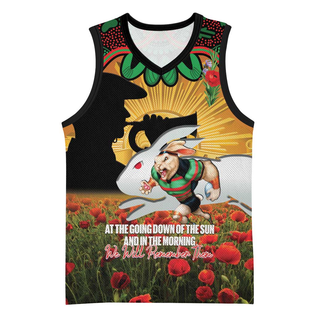 Personalised Rabbitohs Rugby ANZAC Day Basketball Jersey Last Post Poppy We Will Remember Them