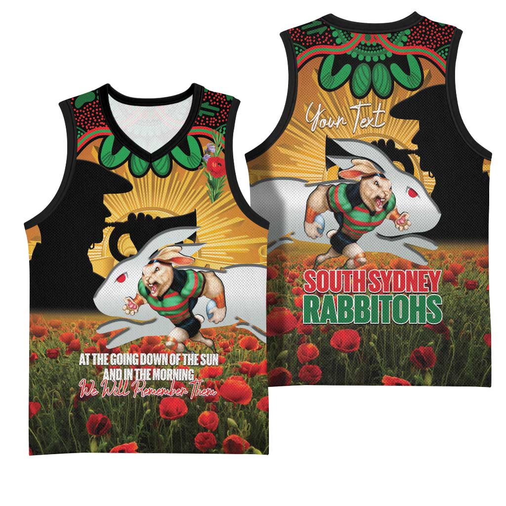Personalised Rabbitohs Rugby ANZAC Day Basketball Jersey Last Post Poppy We Will Remember Them