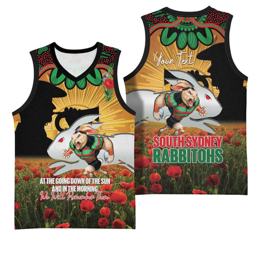 Personalised Rabbitohs Rugby ANZAC Day Basketball Jersey Last Post Poppy We Will Remember Them