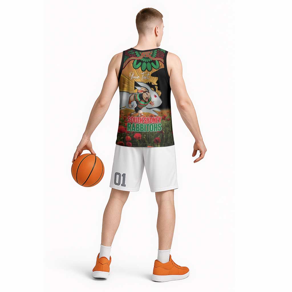 Personalised Rabbitohs Rugby ANZAC Day Basketball Jersey Last Post Poppy We Will Remember Them