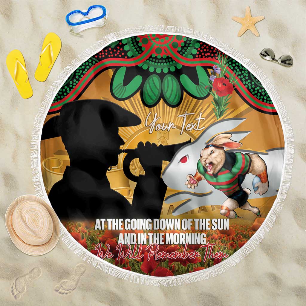 Personalised Rabbitohs Rugby ANZAC Day Beach Blanket Last Post Poppy We Will Remember Them