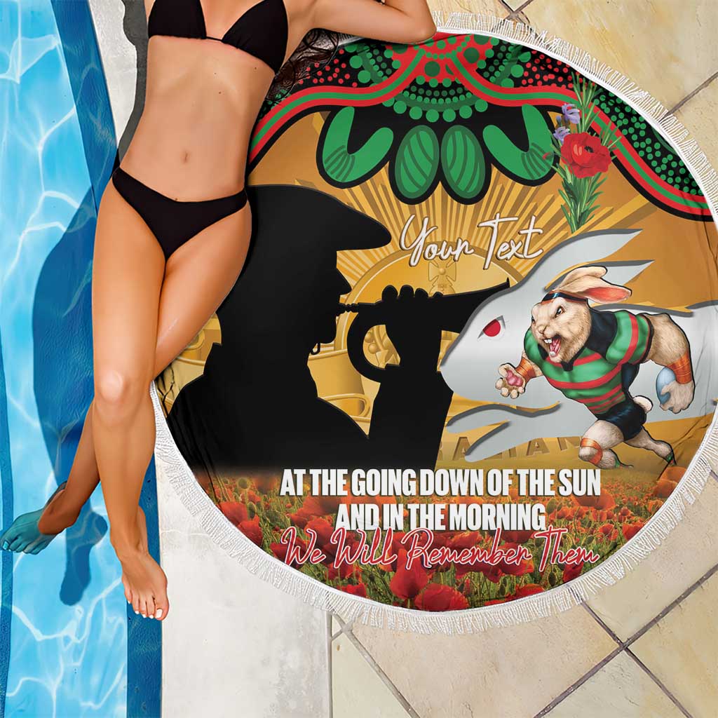 Personalised Rabbitohs Rugby ANZAC Day Beach Blanket Last Post Poppy We Will Remember Them