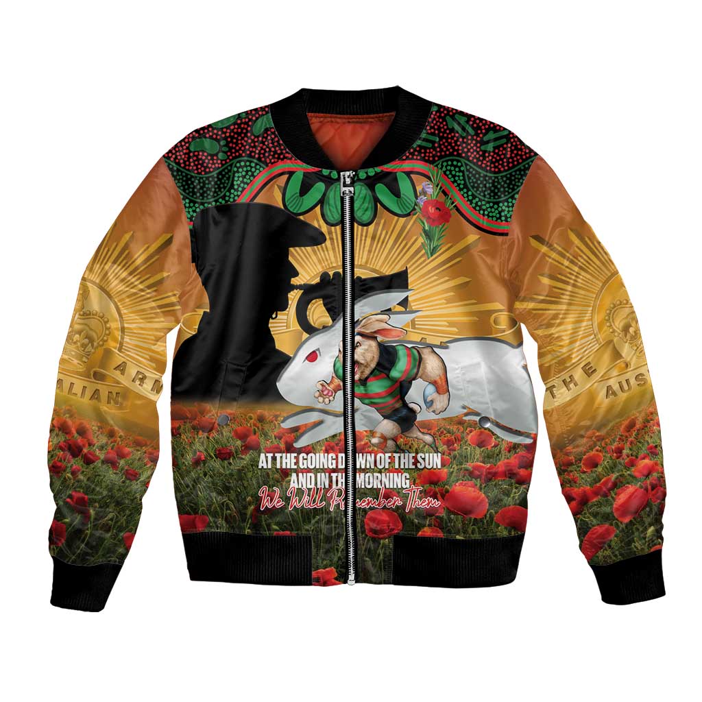 Personalised Rabbitohs Rugby ANZAC Day Bomber Jacket Last Post Poppy We Will Remember Them