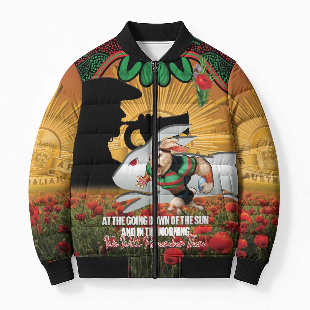 Personalised Rabbitohs Rugby ANZAC Day Bomber Puffer Jacket Last Post Poppy We Will Remember Them