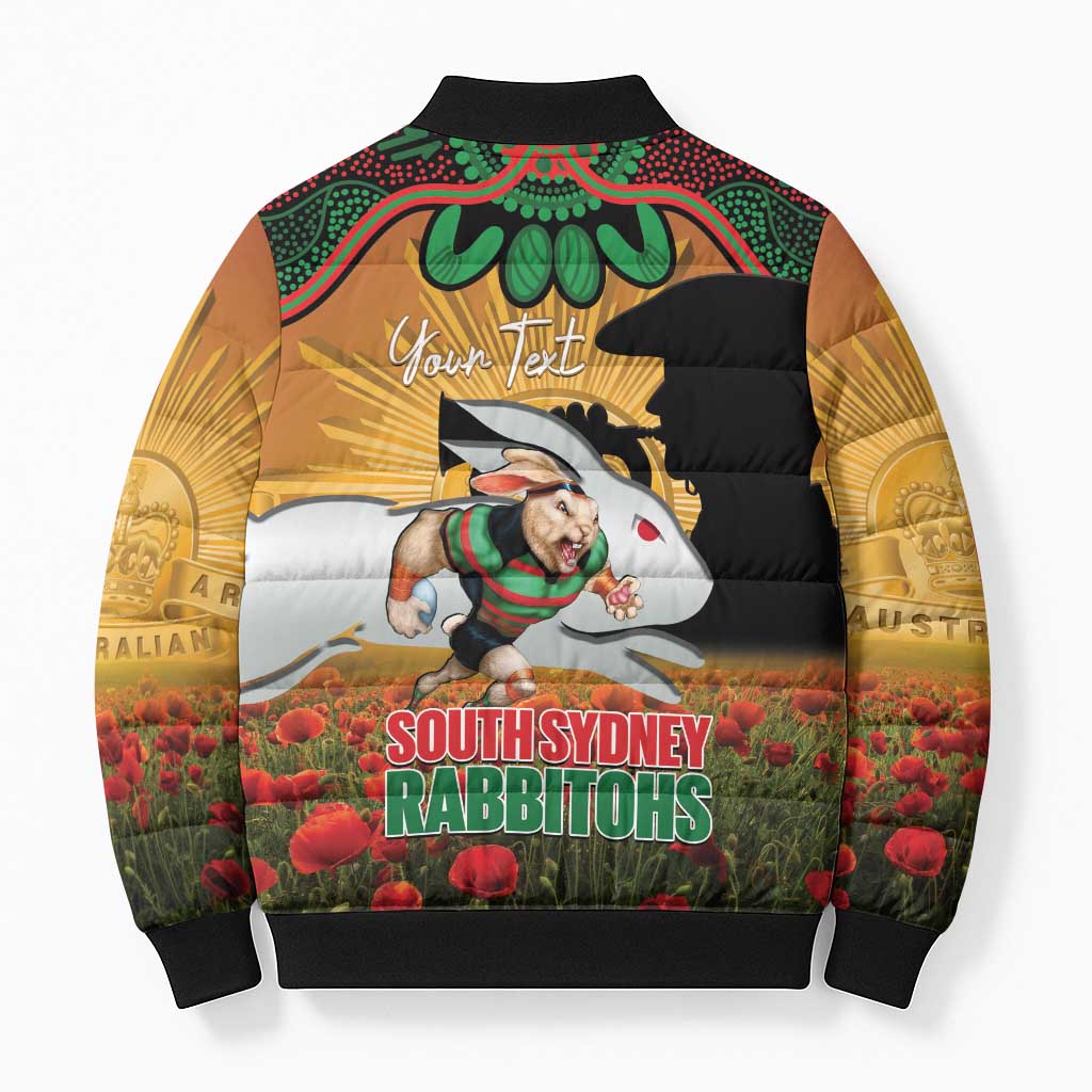 Personalised Rabbitohs Rugby ANZAC Day Bomber Puffer Jacket Last Post Poppy We Will Remember Them