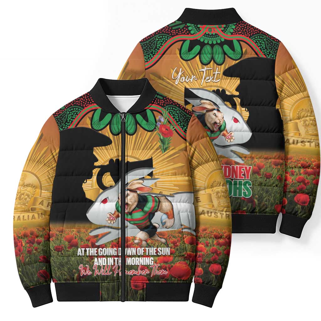 Personalised Rabbitohs Rugby ANZAC Day Bomber Puffer Jacket Last Post Poppy We Will Remember Them