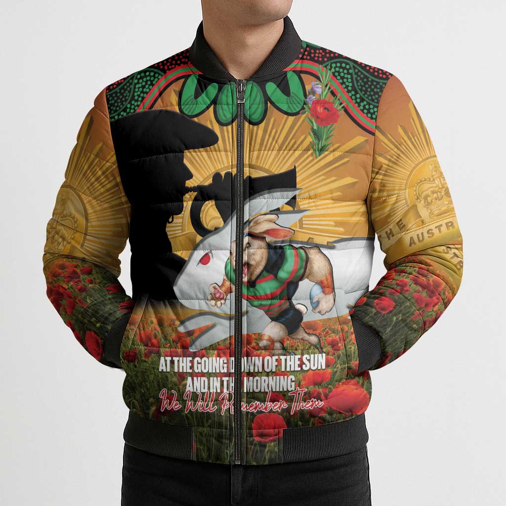 Personalised Rabbitohs Rugby ANZAC Day Bomber Puffer Jacket Last Post Poppy We Will Remember Them
