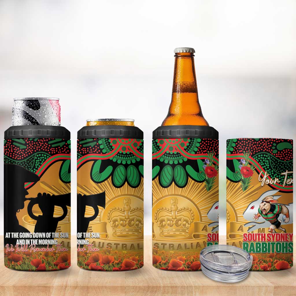 Personalised Rabbitohs Rugby ANZAC Day 4 in 1 Can Cooler Tumbler Last Post Poppy We Will Remember Them