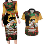 Personalised Rabbitohs Rugby ANZAC Day Couples Matching Long Sleeve Bodycon Dress and Hawaiian Shirt Last Post Poppy We Will Remember Them