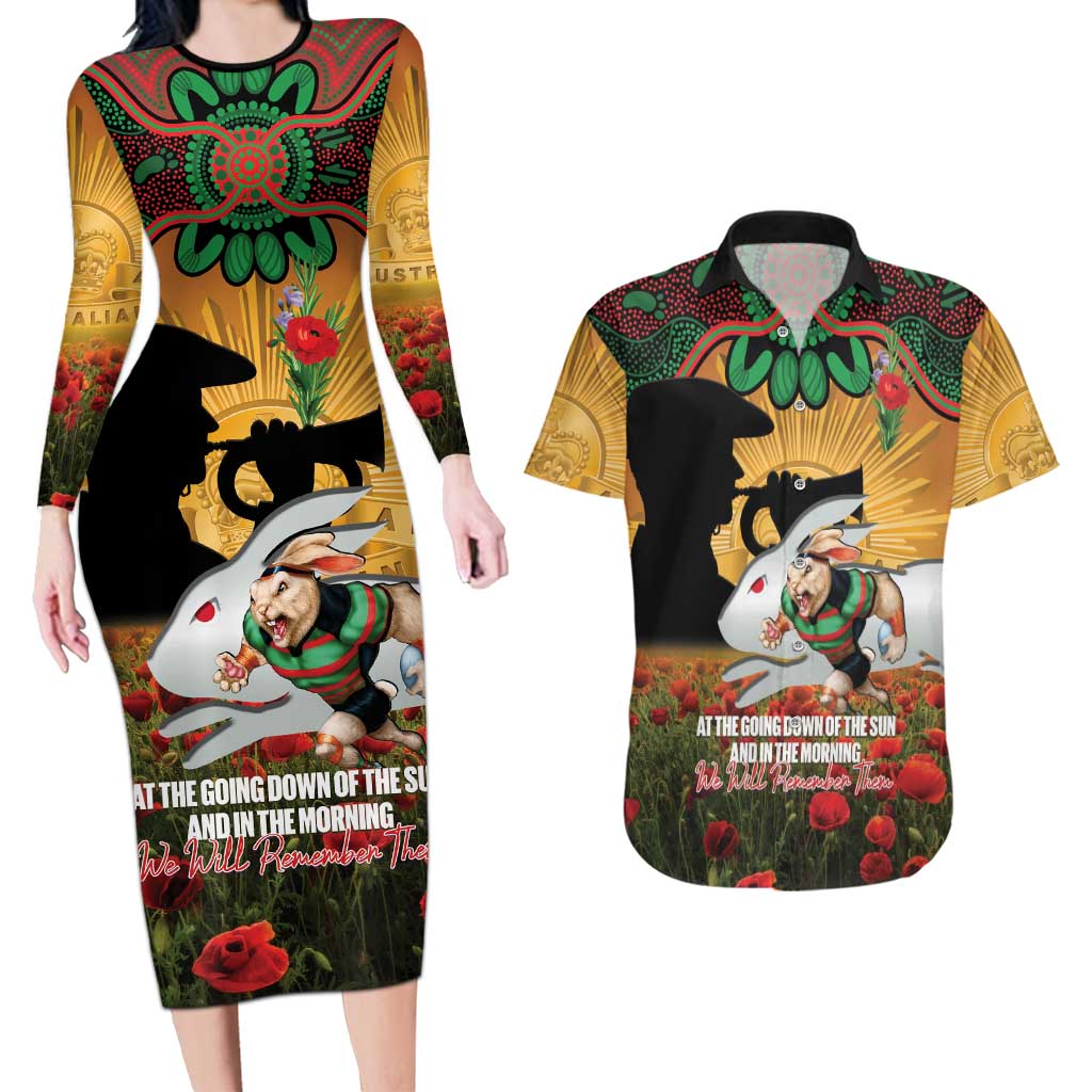 Personalised Rabbitohs Rugby ANZAC Day Couples Matching Long Sleeve Bodycon Dress and Hawaiian Shirt Last Post Poppy We Will Remember Them