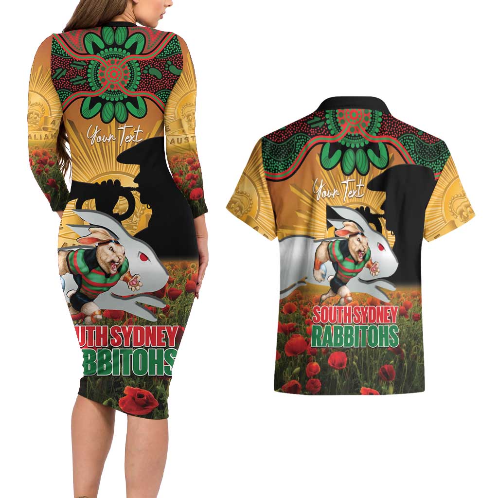 Personalised Rabbitohs Rugby ANZAC Day Couples Matching Long Sleeve Bodycon Dress and Hawaiian Shirt Last Post Poppy We Will Remember Them