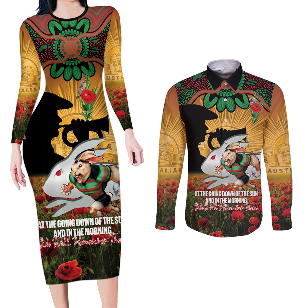 Personalised Rabbitohs Rugby ANZAC Day Couples Matching Long Sleeve Bodycon Dress and Long Sleeve Button Shirt Last Post Poppy We Will Remember Them