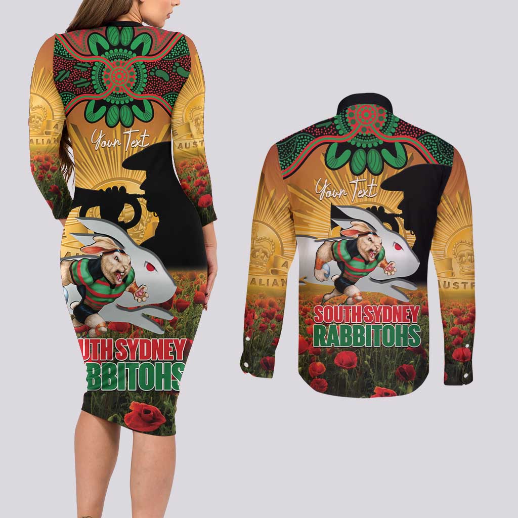 Personalised Rabbitohs Rugby ANZAC Day Couples Matching Long Sleeve Bodycon Dress and Long Sleeve Button Shirt Last Post Poppy We Will Remember Them