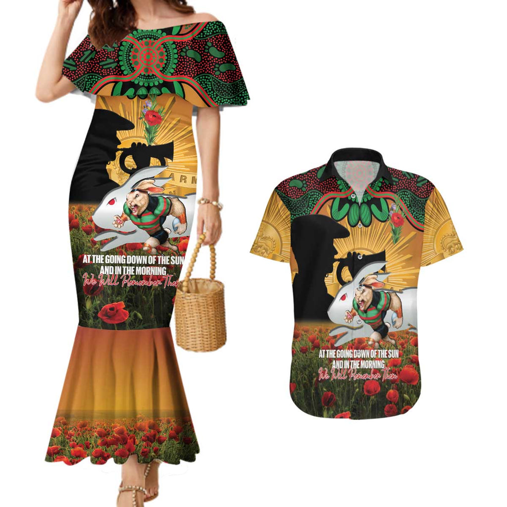 Personalised Rabbitohs Rugby ANZAC Day Couples Matching Mermaid Dress and Hawaiian Shirt Last Post Poppy We Will Remember Them