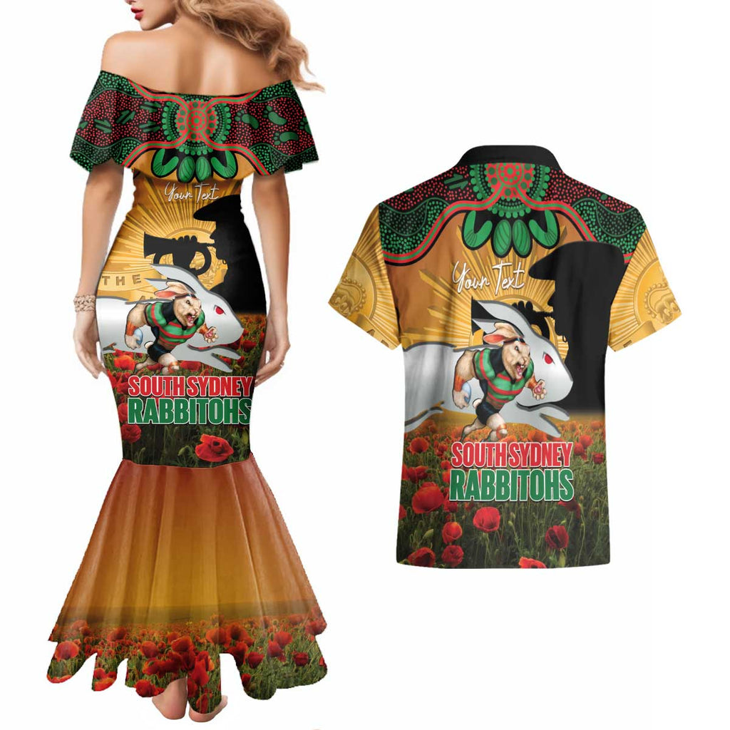 Personalised Rabbitohs Rugby ANZAC Day Couples Matching Mermaid Dress and Hawaiian Shirt Last Post Poppy We Will Remember Them