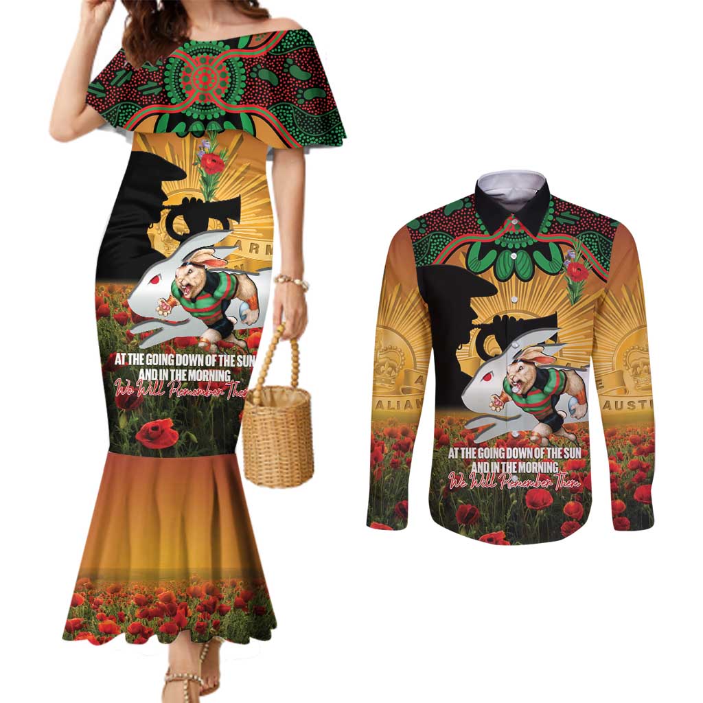 Personalised Rabbitohs Rugby ANZAC Day Couples Matching Mermaid Dress and Long Sleeve Button Shirt Last Post Poppy We Will Remember Them