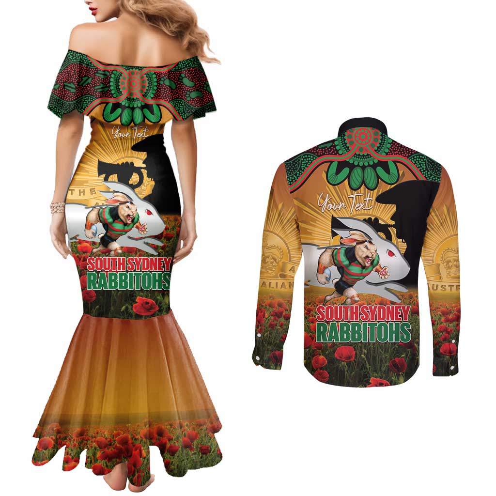 Personalised Rabbitohs Rugby ANZAC Day Couples Matching Mermaid Dress and Long Sleeve Button Shirt Last Post Poppy We Will Remember Them