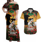 Personalised Rabbitohs Rugby ANZAC Day Couples Matching Off Shoulder Maxi Dress and Hawaiian Shirt Last Post Poppy We Will Remember Them