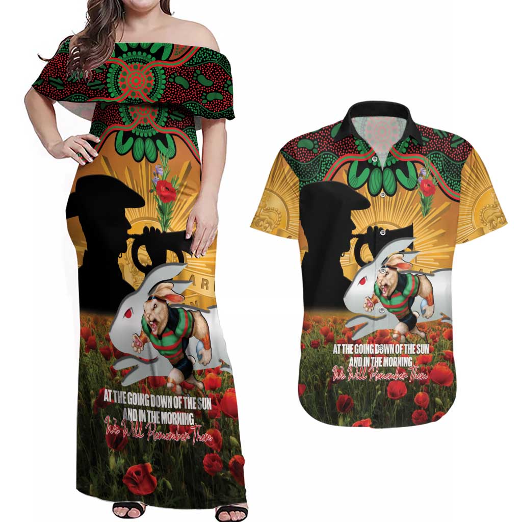 Personalised Rabbitohs Rugby ANZAC Day Couples Matching Off Shoulder Maxi Dress and Hawaiian Shirt Last Post Poppy We Will Remember Them