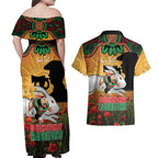 Personalised Rabbitohs Rugby ANZAC Day Couples Matching Off Shoulder Maxi Dress and Hawaiian Shirt Last Post Poppy We Will Remember Them