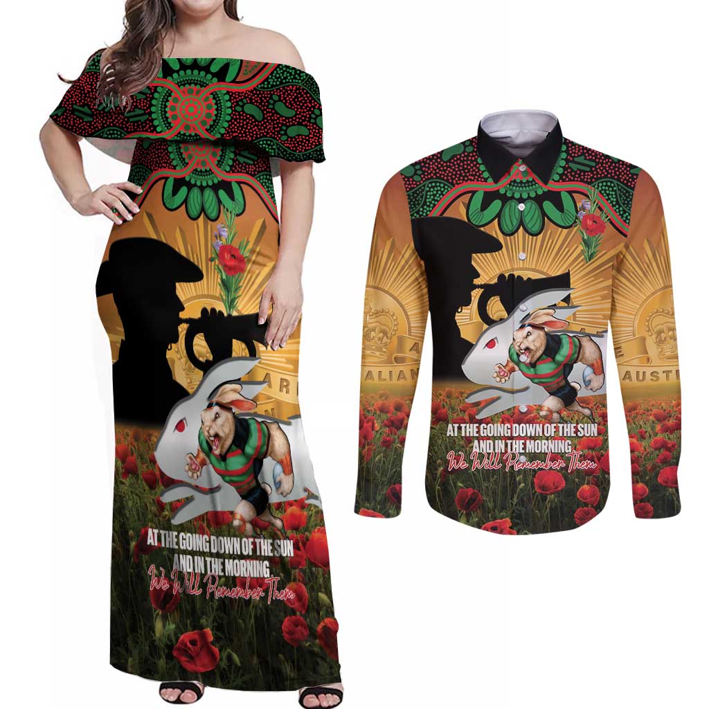 Personalised Rabbitohs Rugby ANZAC Day Couples Matching Off Shoulder Maxi Dress and Long Sleeve Button Shirt Last Post Poppy We Will Remember Them