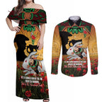Personalised Rabbitohs Rugby ANZAC Day Couples Matching Off Shoulder Maxi Dress and Long Sleeve Button Shirt Last Post Poppy We Will Remember Them