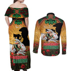 Personalised Rabbitohs Rugby ANZAC Day Couples Matching Off Shoulder Maxi Dress and Long Sleeve Button Shirt Last Post Poppy We Will Remember Them