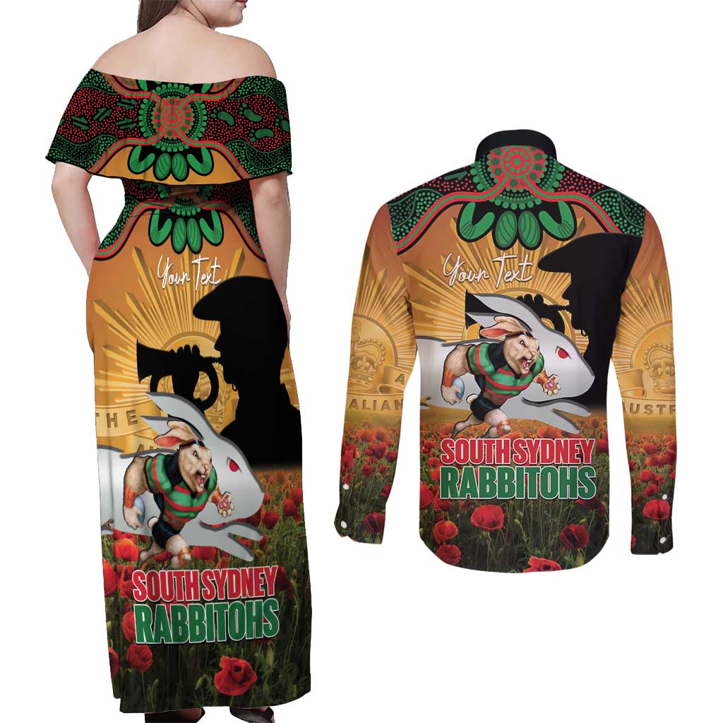 Personalised Rabbitohs Rugby ANZAC Day Couples Matching Off Shoulder Maxi Dress and Long Sleeve Button Shirt Last Post Poppy We Will Remember Them