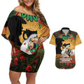 Personalised Rabbitohs Rugby ANZAC Day Couples Matching Off Shoulder Short Dress and Hawaiian Shirt Last Post Poppy We Will Remember Them