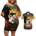 Personalised Rabbitohs Rugby ANZAC Day Couples Matching Off Shoulder Short Dress and Hawaiian Shirt Last Post Poppy We Will Remember Them