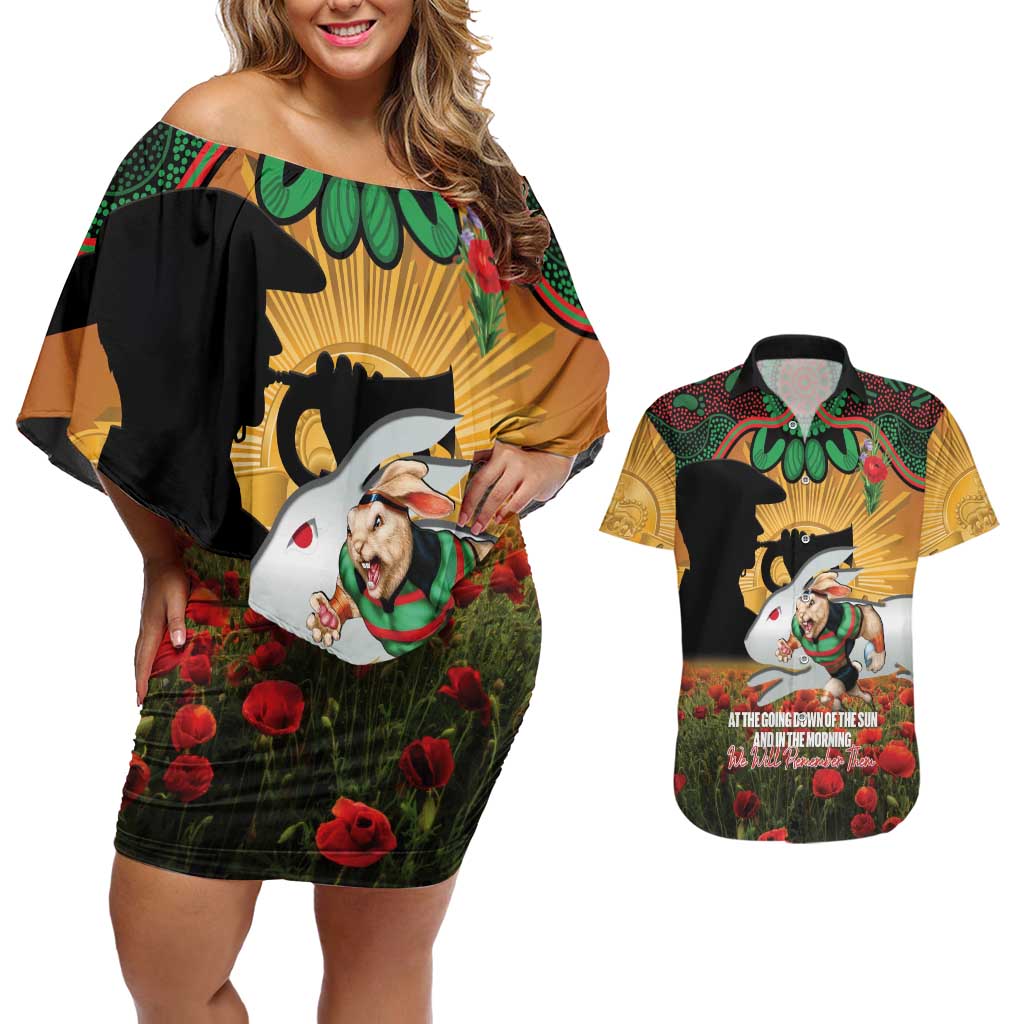Personalised Rabbitohs Rugby ANZAC Day Couples Matching Off Shoulder Short Dress and Hawaiian Shirt Last Post Poppy We Will Remember Them