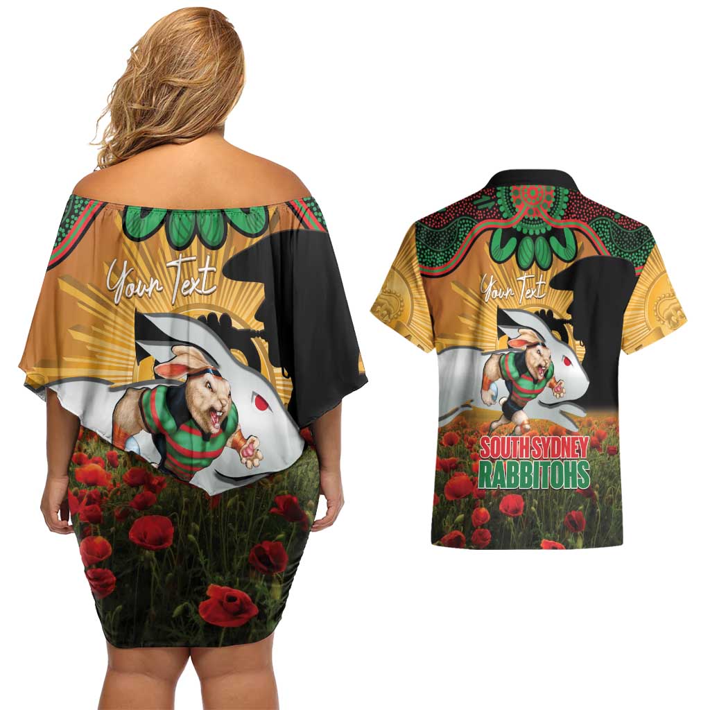 Personalised Rabbitohs Rugby ANZAC Day Couples Matching Off Shoulder Short Dress and Hawaiian Shirt Last Post Poppy We Will Remember Them