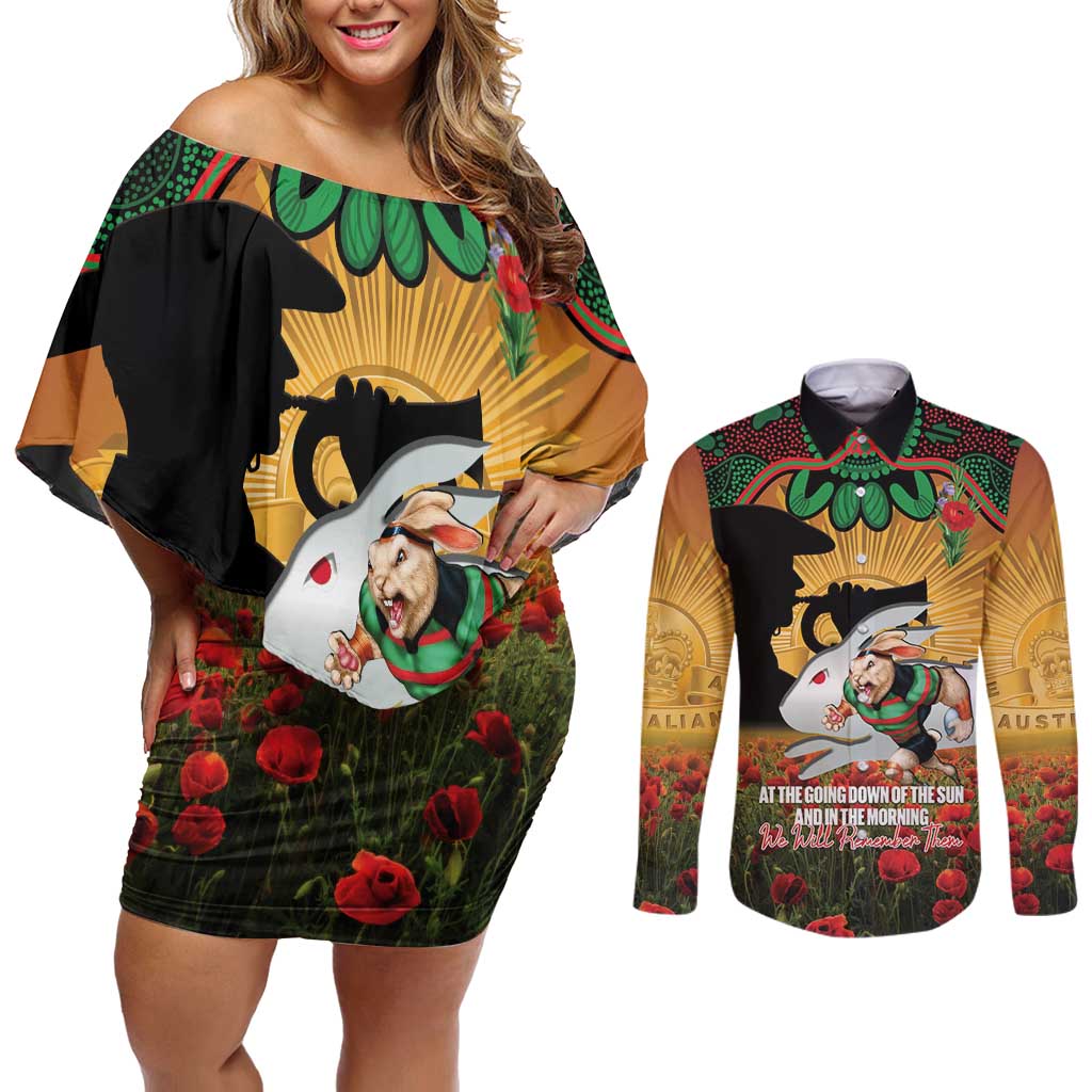 Personalised Rabbitohs Rugby ANZAC Day Couples Matching Off Shoulder Short Dress and Long Sleeve Button Shirt Last Post Poppy We Will Remember Them