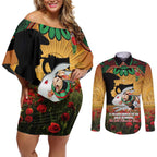 Personalised Rabbitohs Rugby ANZAC Day Couples Matching Off Shoulder Short Dress and Long Sleeve Button Shirt Last Post Poppy We Will Remember Them