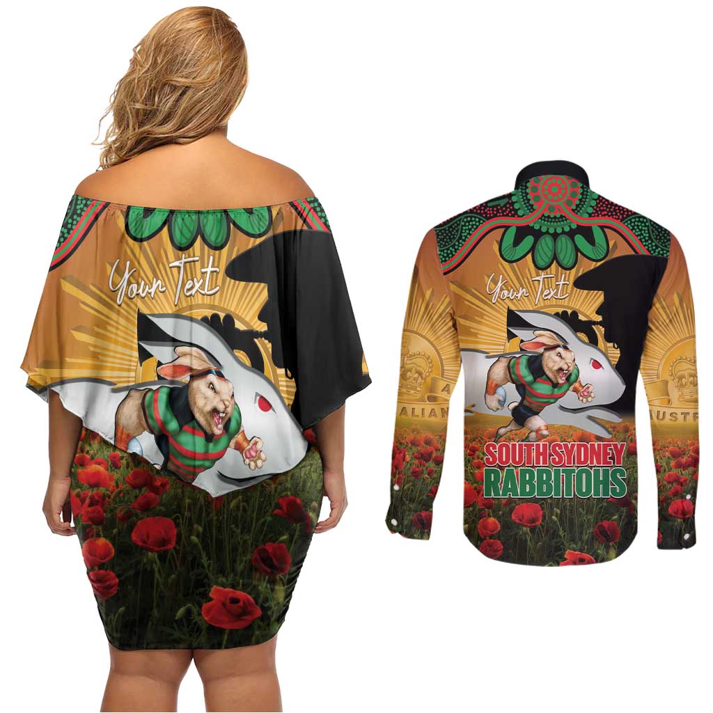 Personalised Rabbitohs Rugby ANZAC Day Couples Matching Off Shoulder Short Dress and Long Sleeve Button Shirt Last Post Poppy We Will Remember Them
