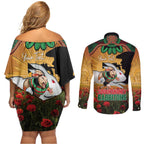 Personalised Rabbitohs Rugby ANZAC Day Couples Matching Off Shoulder Short Dress and Long Sleeve Button Shirt Last Post Poppy We Will Remember Them
