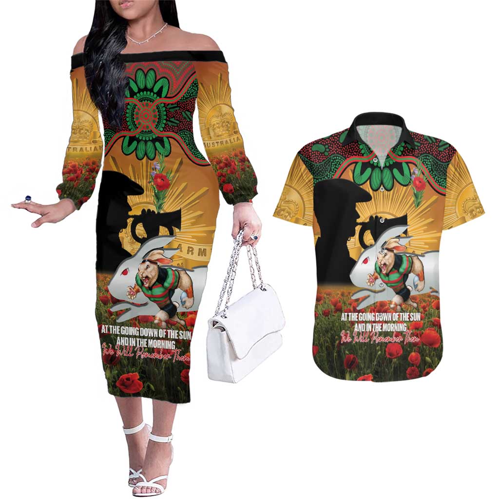 Personalised Rabbitohs Rugby ANZAC Day Couples Matching Off The Shoulder Long Sleeve Dress and Hawaiian Shirt Last Post Poppy We Will Remember Them