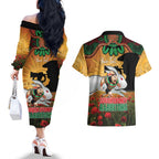 Personalised Rabbitohs Rugby ANZAC Day Couples Matching Off The Shoulder Long Sleeve Dress and Hawaiian Shirt Last Post Poppy We Will Remember Them