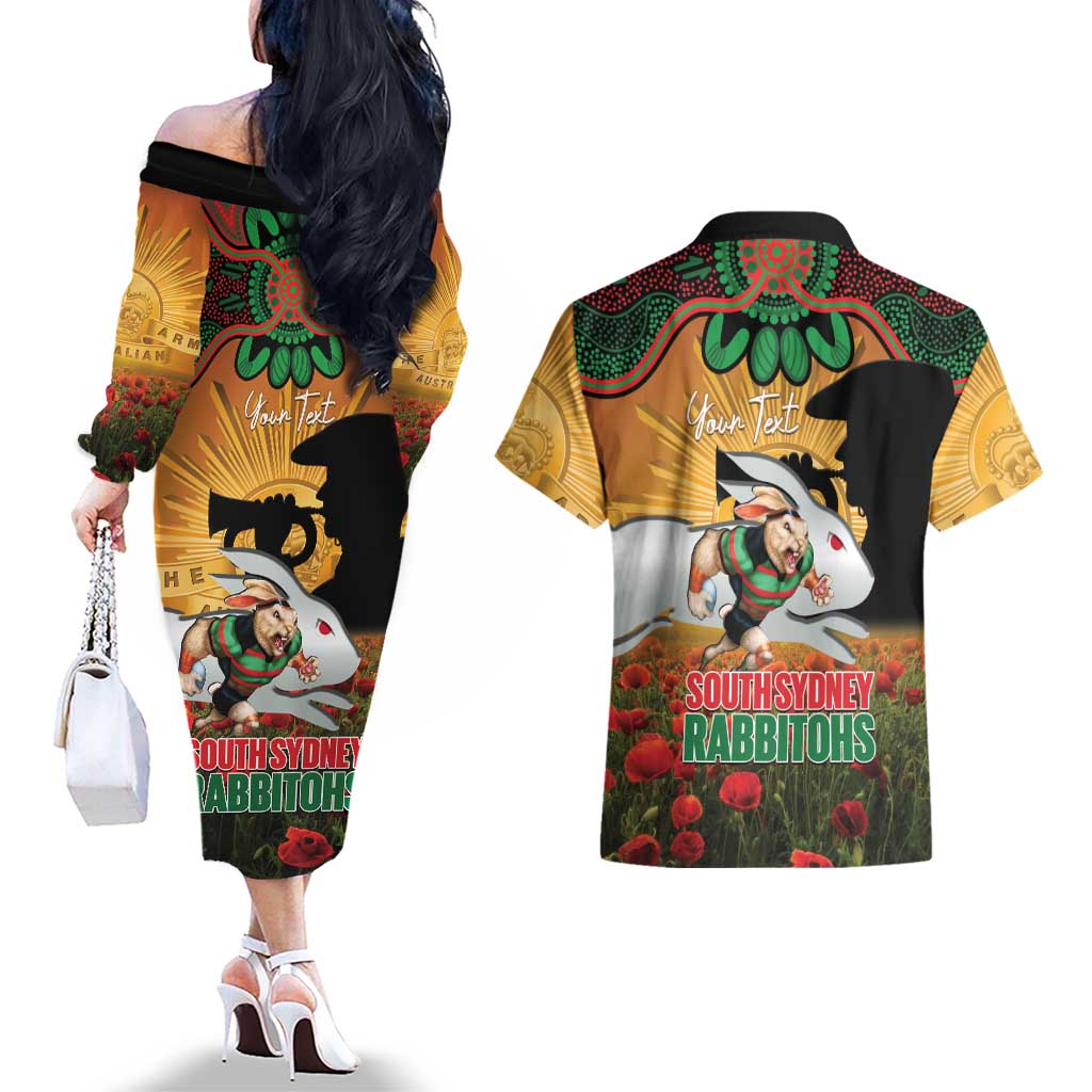 Personalised Rabbitohs Rugby ANZAC Day Couples Matching Off The Shoulder Long Sleeve Dress and Hawaiian Shirt Last Post Poppy We Will Remember Them