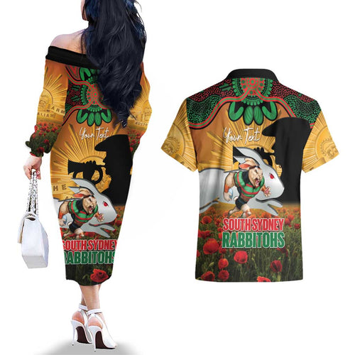 Personalised Rabbitohs Rugby ANZAC Day Couples Matching Off The Shoulder Long Sleeve Dress and Hawaiian Shirt Last Post Poppy We Will Remember Them