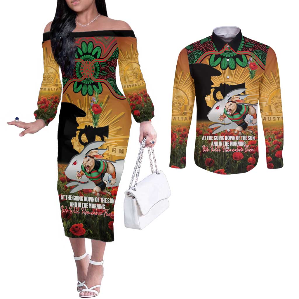 Personalised Rabbitohs Rugby ANZAC Day Couples Matching Off The Shoulder Long Sleeve Dress and Long Sleeve Button Shirt Last Post Poppy We Will Remember Them