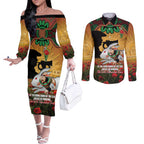 Personalised Rabbitohs Rugby ANZAC Day Couples Matching Off The Shoulder Long Sleeve Dress and Long Sleeve Button Shirt Last Post Poppy We Will Remember Them